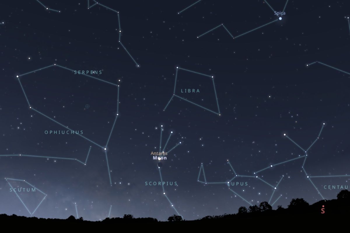 2026年1月15日、日の出約1時間前（東京：午前5時50分頃）の南東の空（Stellarium）