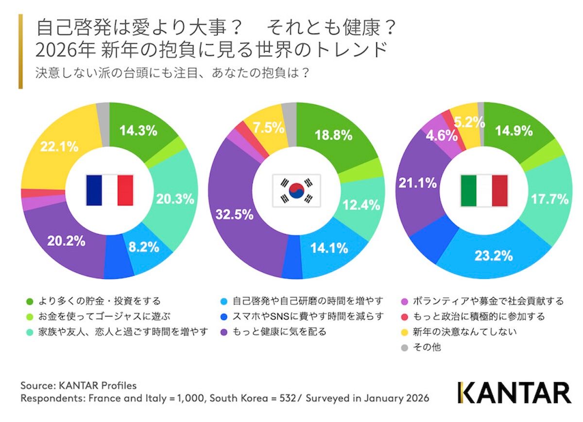 （右に左にと目移りしてしまいますので、グラフの見方を。まずはリストから自分の抱負と同じものを見つけ、各国のグラフの中でどんな位置を占めているかチェックしてみましょう）