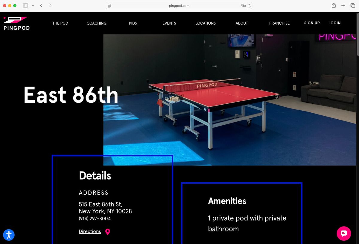 「PingPod」East 86th店 紹介ページのスクリーンショット