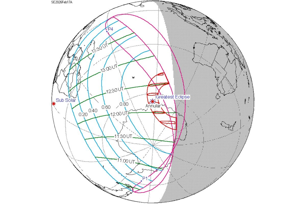 2026年2月17日の金環日食・部分日食を見られる地域を示した地図。NASAゴダード宇宙飛行センター（GSFC）の天体物理学者フレッド・エスペナックの予測に基づく（Eclipse Predictions by Fred Espenak, NASA's GSFC, Public domain, via Wikimedia Commons）