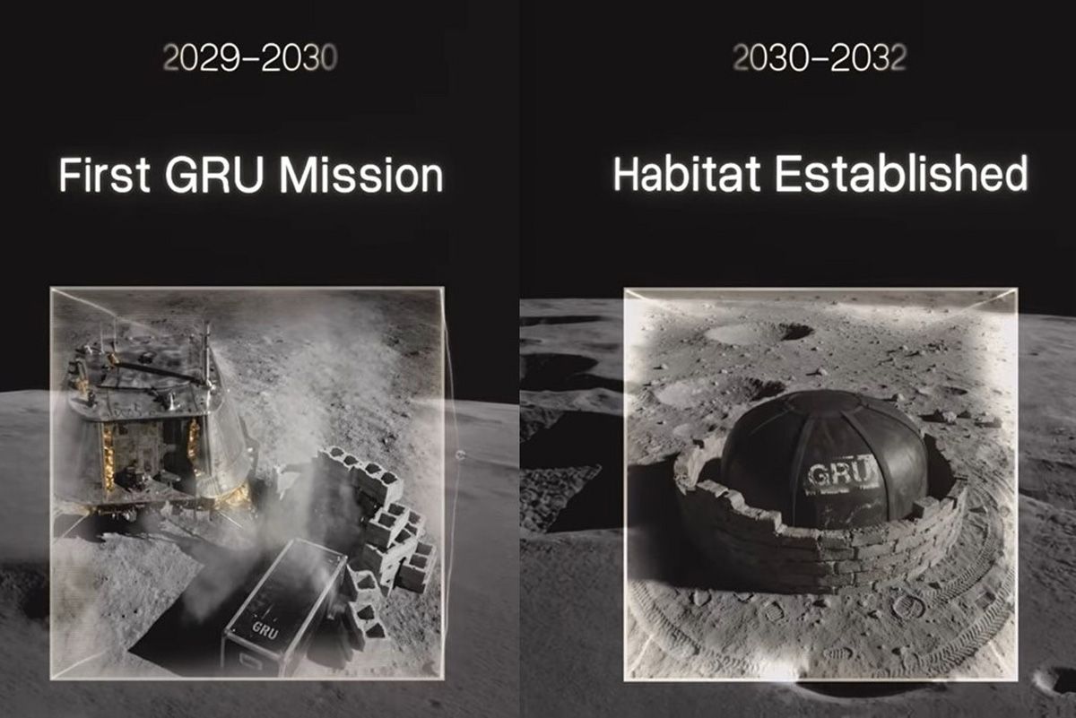 左はNASAのCLPSのランダーによってGRUブロックの実証を行うミッション1。右はミッション2による「月面カーブベース」 (c)GRU Space