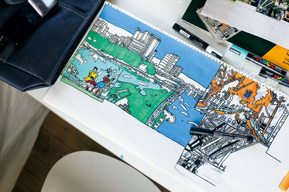 東急田園都市線二子玉川駅周辺の景色や、そこに集う人々も繊細に描写。中島は沿線の風景などを全14作品描いた。