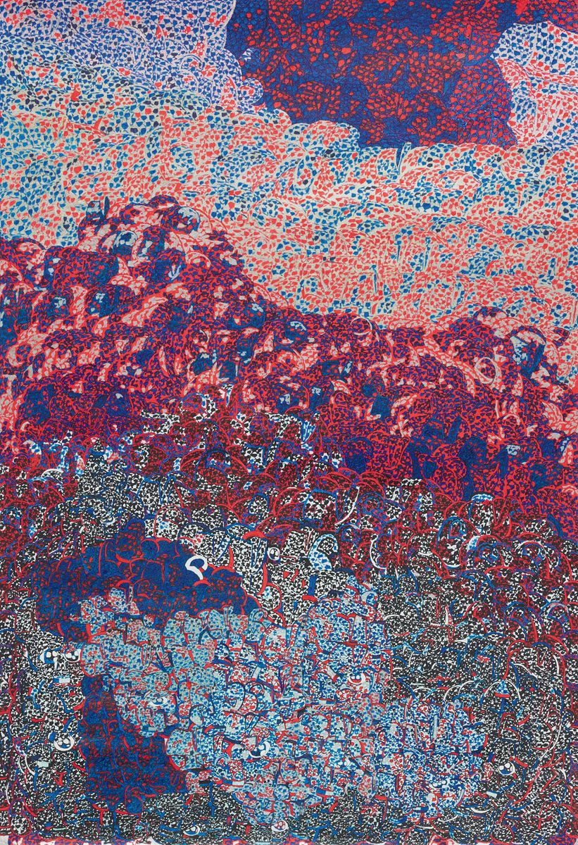 0.5mmのサインペンや色鉛筆など複数の画材で描かれた、2024年「東京建物｜Brillia賞」受賞作品《赤と青の世界の地図》（内山.K／希望の園）