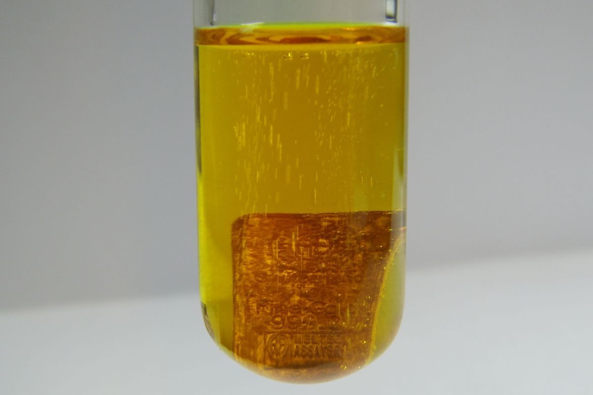 王水に金のプレートを溶かす実験の様子（Daniel Grohmann, CC BY-SA 3.0 <https://creativecommons.org/licenses/by-sa/3.0>, via Wikimedia Commons）