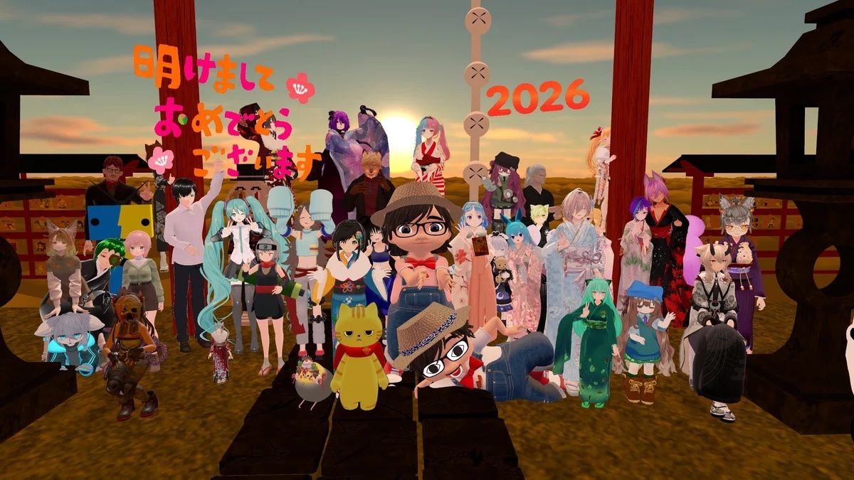 2026年元旦、VRChat内の神社に初詣に集まる住人たち（中央左が筆者） - VRChat