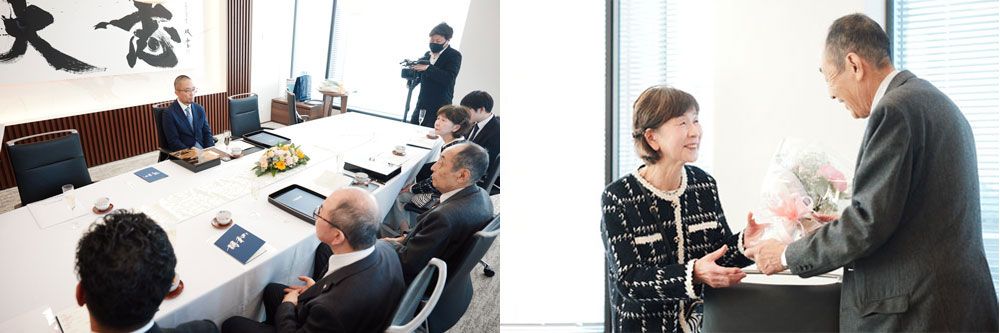 2025年12月の南沙産業（譲渡企業）とTYKホールディングス（譲り受け企業）のM&A成約式の様子。式典では譲渡オーナーが想いを自らの言葉で譲り受け企業に伝え、事業の成長を陰で支えた伴侶へ感謝を込めた花束が贈られた。M&Aセレモニストは式のプログラムを組み立て、M&Aを単なる契約ではなく、関係者と心の承継や感謝が通うものにしていく。