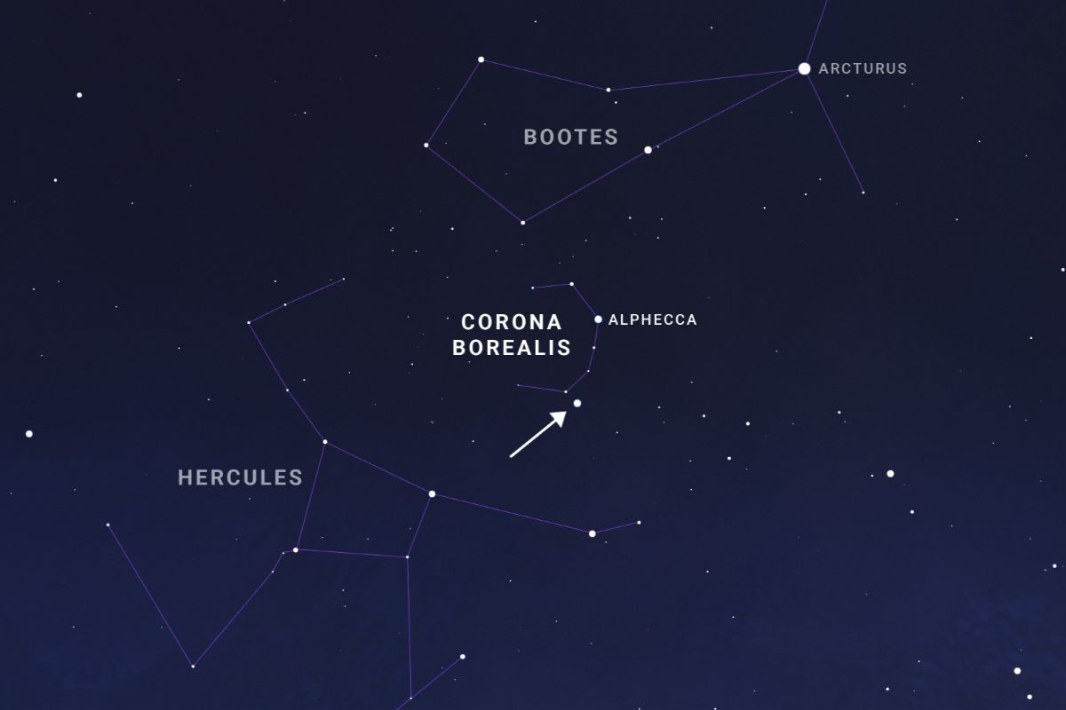 かんむり座と、かんむり座T星の新星爆発が観測されるとみられる位置（矢印）を示した星図（NASA/JPL-Caltech）