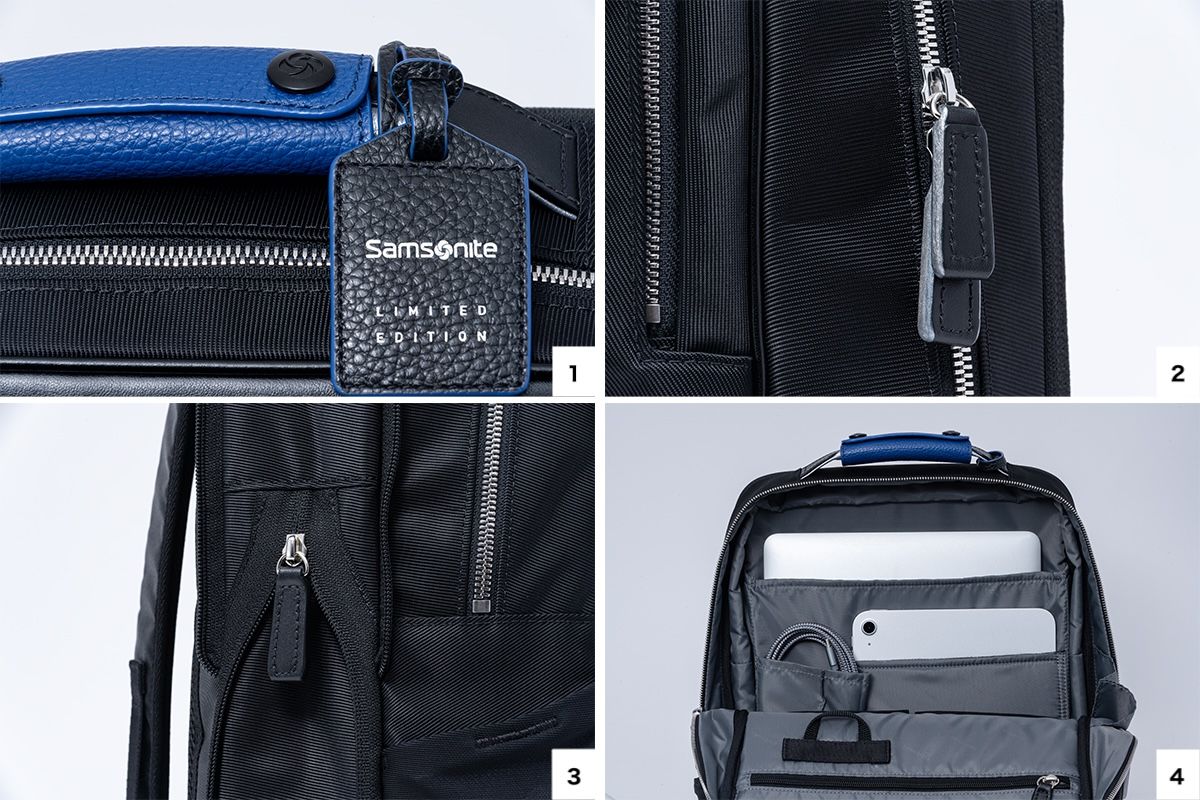 1.限定モデルのみに付属するレザータグとレザー製ハンドルカバーに美しいブルーを採用。　2.メインジッパーの引き手は縁をシルバーに塗り、アルミジッパーとさりげなく調和する。　3.ジッパーを開くとマチ幅が約5cm広がるエキスパンダブル機能。荷物が増えても安心だ。　4.メイン収納にはPCスリーブに加え、飲料や折りたたみ傘が収まるマルチポーチが付属。