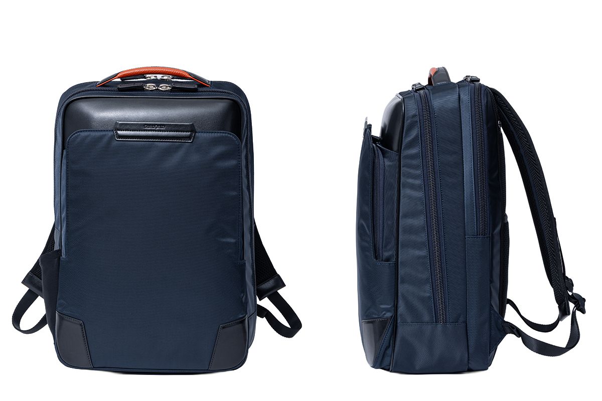 トップハンドルの内側部分に、鮮やかなオレンジをあしらったラージサイズバックパック。ブラックとのコントラストが映え、洗練された個性を演出する。2コンパートメントの大容量で、出張にも活躍する。「EPID 4 BACKPACK L EXP」H44×W30×D18cm。約1.0kg。￥49,500