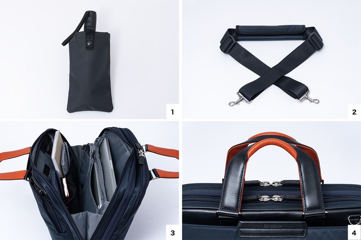 1.着脱可能なマルチポーチは耐水コーティング生地を用い、折り畳み傘などの収納に最適だ。　2.重い荷物や両手を空けたい際に重宝する、アジャスター付きショルダーストラップが付属。　3.15.6インチまでのモバイルPC用スリーブと、小物類を収めるオープンポケットを装備。　4.丸みのある立体的なハンドルは、握り心地も抜群。内側は柔軟なイタリアンレザー採用。