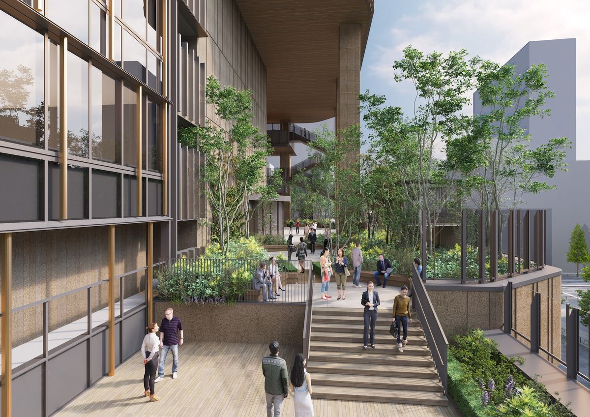 低層部テラスは、小堀がスケッチしたように風が抜け、人々の行き交いが感じられる開放的なデザインとなっている。