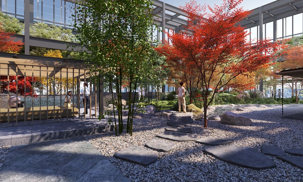 屋上に創られる庭園。近くにはラウンジも併設され、職場にいながら季節感や非日常を味わえる“市中の山居”となる空間だ。