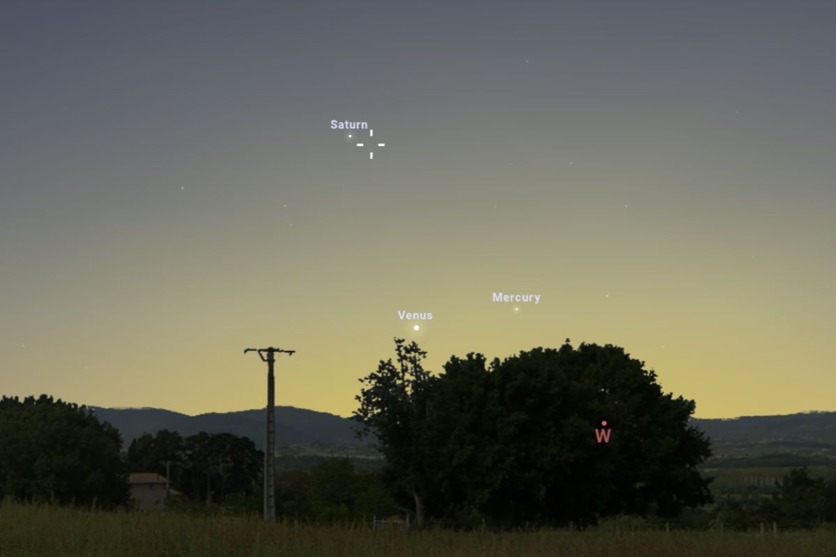 2026年2月28日、日の入り約35分後（東京：午後6時10分頃）の西の低空（Stellarium）