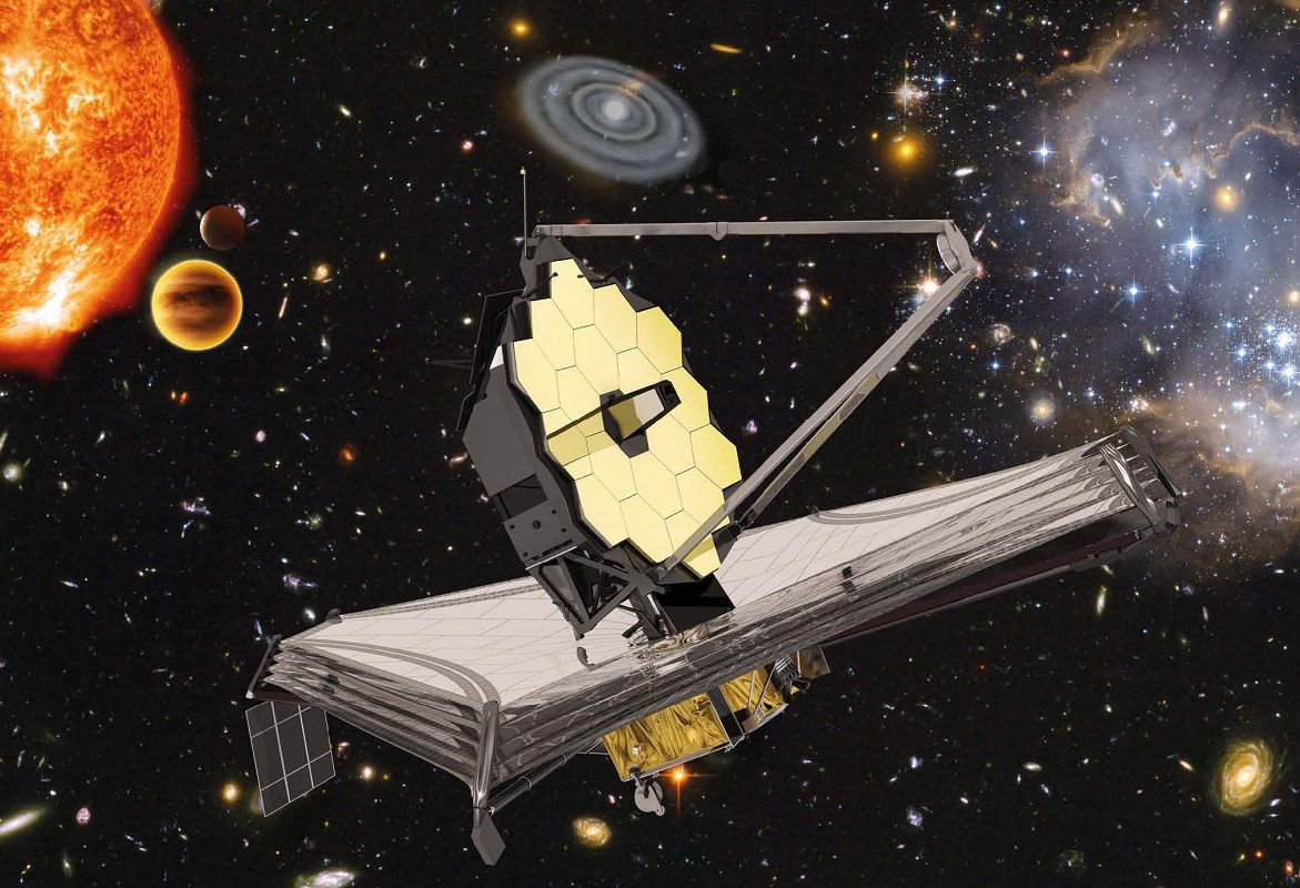 ジェイムズ・ウェッブ宇宙望遠鏡（JWST）のイラスト（ESA, NASA, S. Beckwith (STScI) and the HUDF Team, Northrop Grumman Aerospace Systems / STScI / ATG medialab）