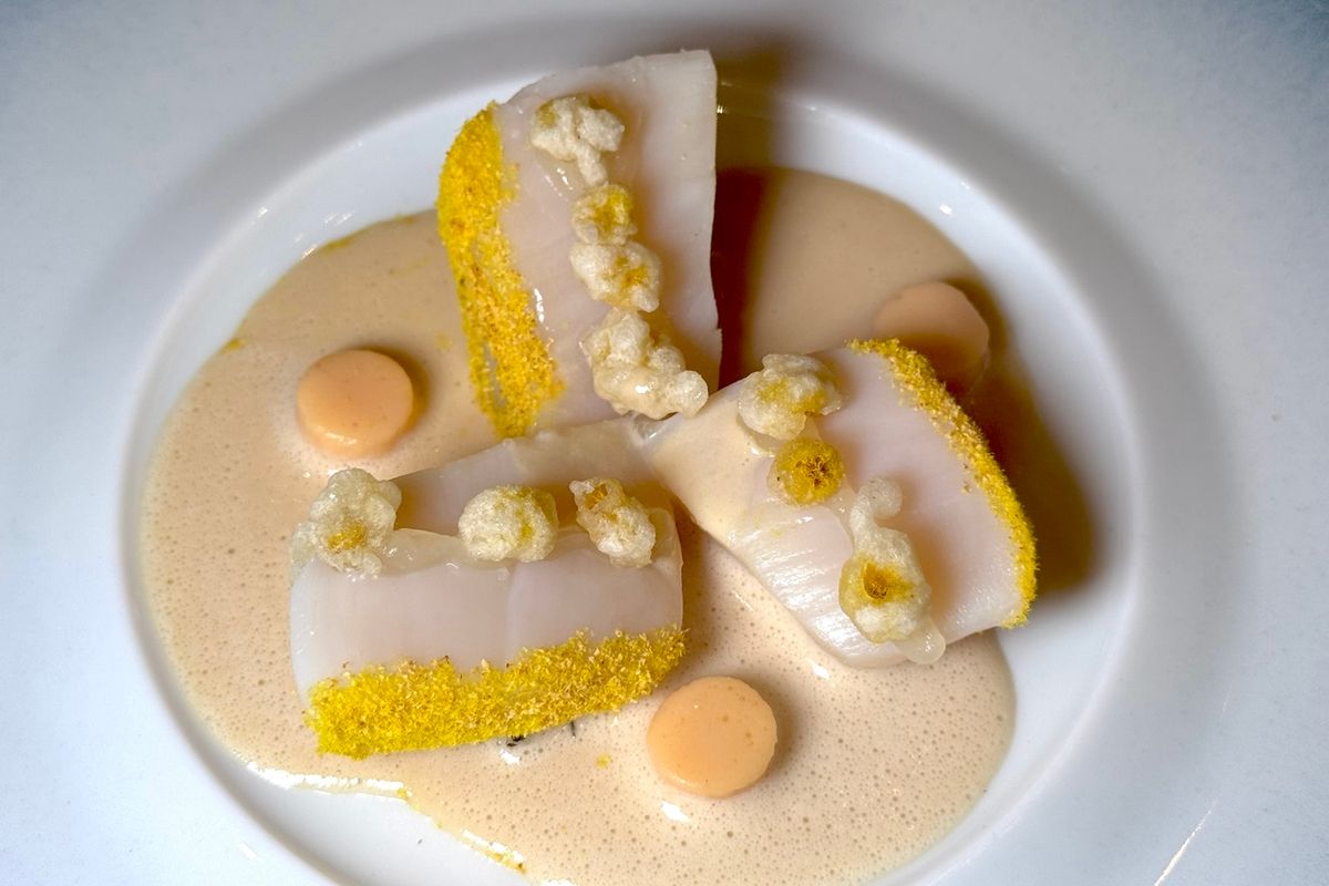 「ノルマンディ産の帆立、ミモザの風味」帆立貝にかかっている黄色いものもミモザのパウダー。