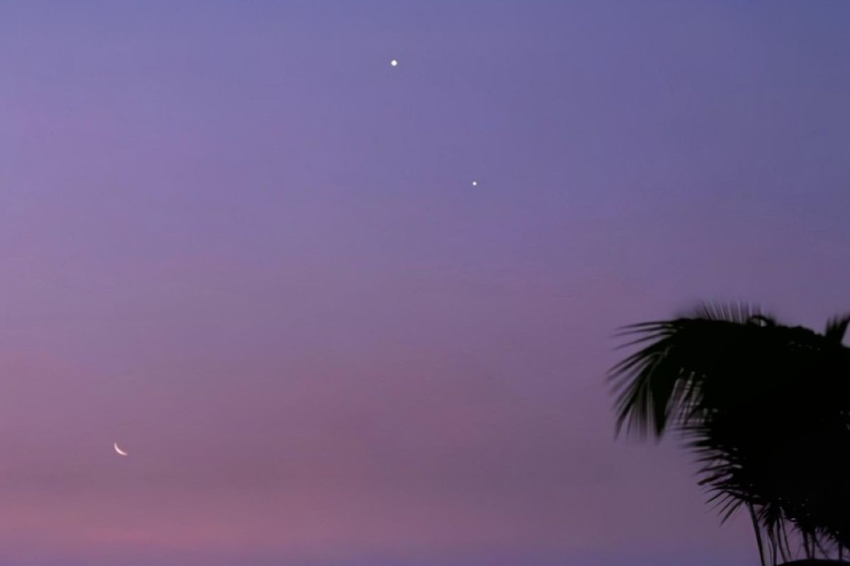 金星と土星、月の共演。2025年4月26日明け方、インド・マハラシュトラ州コールハープルにて（Nihal Sayyad, CC BY-SA 4.0 <https://creativecommons.org/licenses/by-sa/4.0>, via Wikimedia Commons）