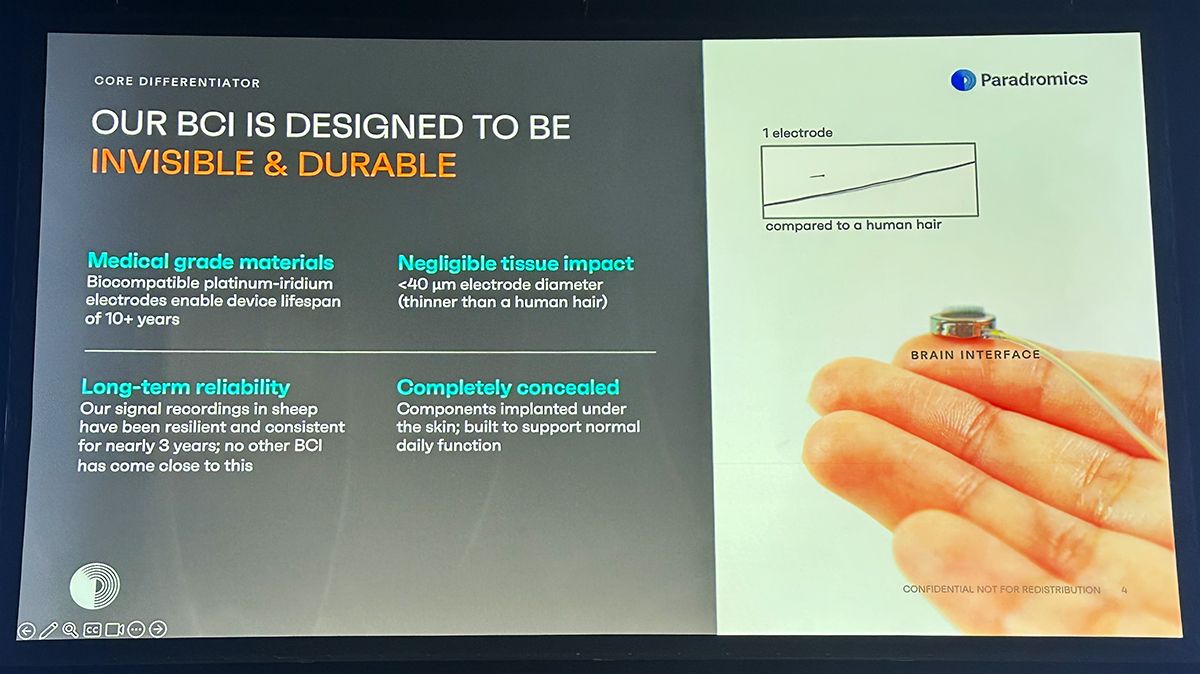 Paradromicsが開発するインプラント「Connexus BCI」は、10セント硬貨（直径約1.8cm）より小さく、指先に載るコンパクトサイズ