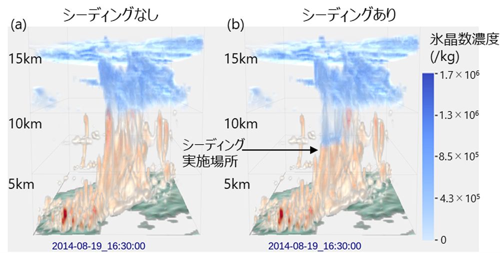 （a）シーディングなしの場合、赤い部分は空気中の浮遊する水滴の量を、青い部分は氷の結晶の濃度を示す。（b）シーディングありの場合。