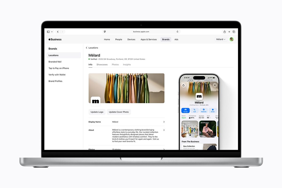 従来はApple Business Connectで提供されていたブランド管理ツールをApple Businessに統合。Appleのサービスとアプリ全体において、企業が自社のブランドと所在地を設定、管理することも簡単になるという