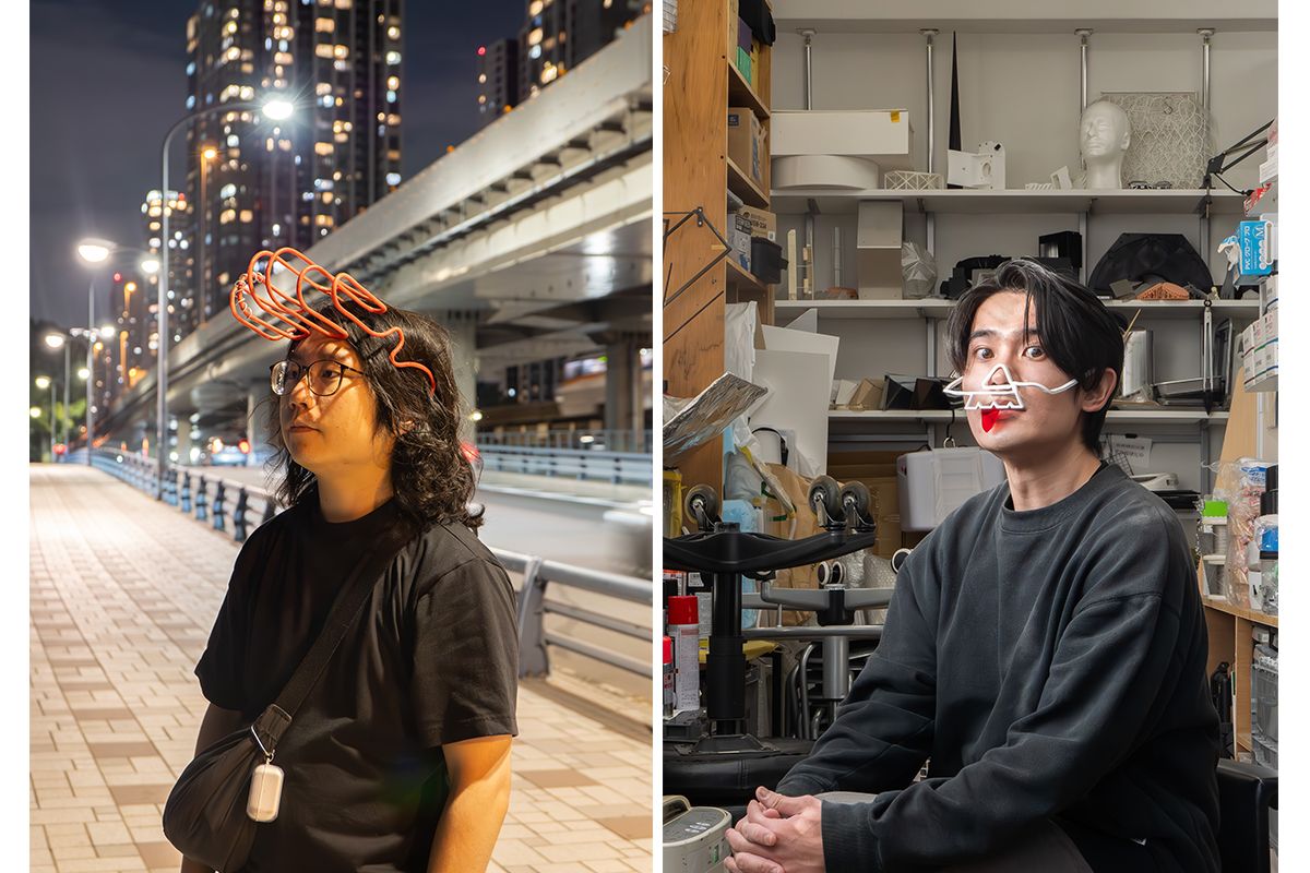 筆者が制作した顔面装飾具を装着した人々。左『顔面装飾具 - リーゼント / 社会への反骨精神を忘れない』右『顔面装飾具 – アインシュタイン / 想像力は知識よりも重要だ』 (筆者撮影、制作協力:N and R Foldings Japan)