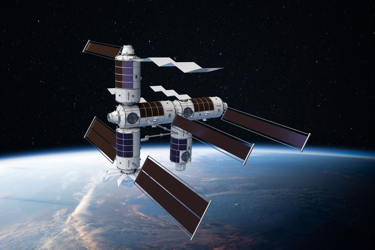 アクシオム・ステーションの完成予想図。最初のモジュールは打ち上げ後にISSの船首に接続。その後分離され、後続モジュールが接続される (c)Axiom Space