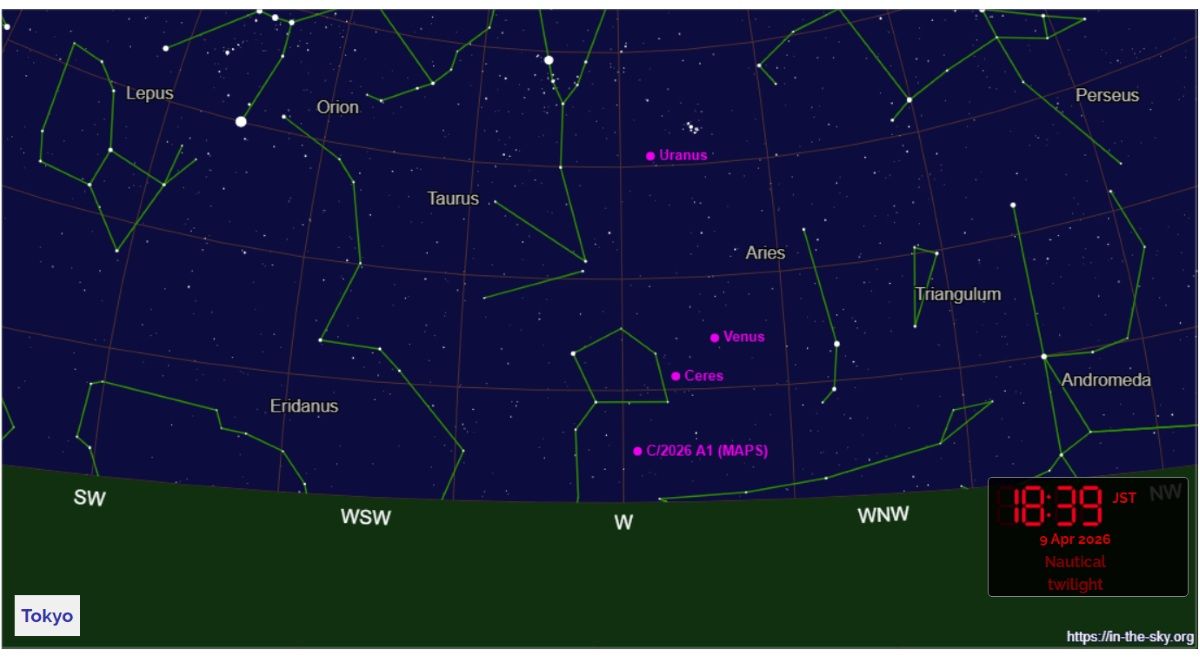 2026年4月9日、日の入り30分後（東京：午後6時39分）のマップス彗星「C/2026 A1（MAPS）」の位置（© Dominic Ford, In-The-Sky.com）