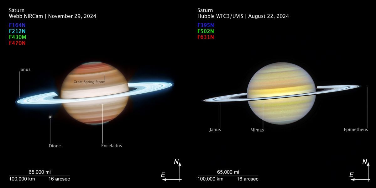 ジェームズ・ウェッブ宇宙望遠鏡（JWST、左）が観測した土星の赤外線画像と、ハッブル宇宙望遠鏡（右）が捉えた可視光画像（NASA, ESA, CSA, STScI, A. Simon (NASA-GSFC), M. Wong (University of California); Image Processing: J. DePasquale (STScI)）