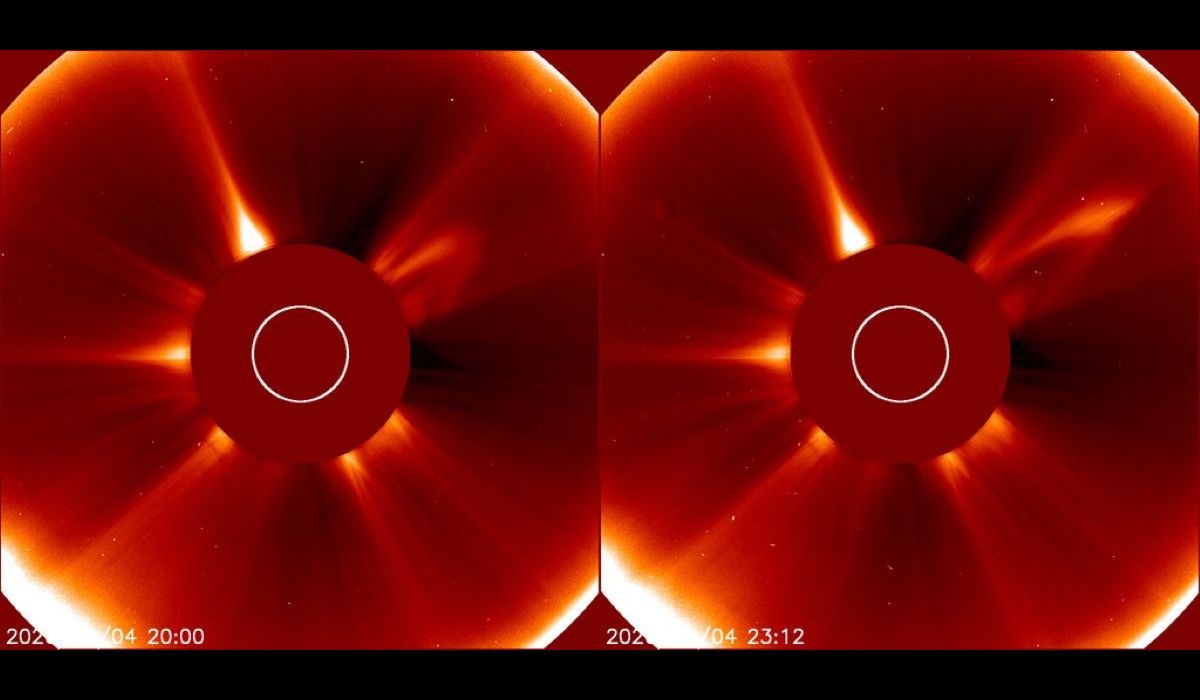 2026年4月4日、太陽に最接近した彗星「C/2026 A1（MAPS）」（マップス彗星）の姿が消え、その名残とみられる塵が拡散する様子をとらえたとみられる太陽観測衛星「SOHO」の広角分光コロナグラフ（LASCO/C2）の画像（ESA & NASA / SOHO / LASCO）