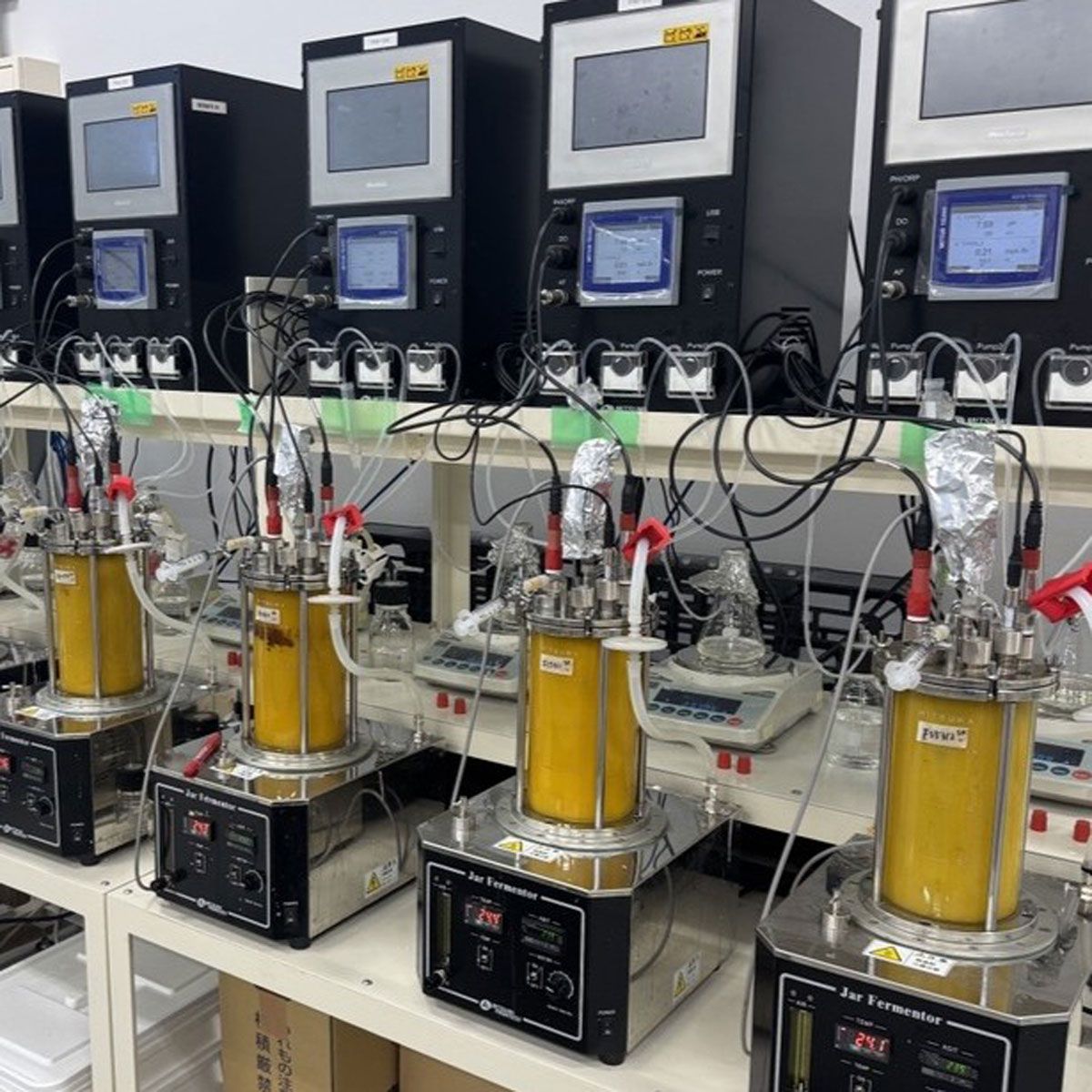 微生物の培養条件の検討に用いる装置。遺伝子情報を改変した微生物による発酵生産の様子。