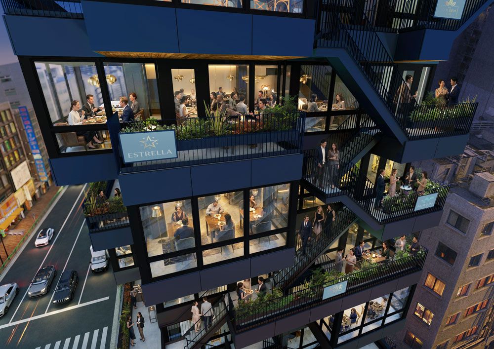 テラスと屋外階段が交差する設計により上下階の気配が抜け、ビル全体に一体感をもたらす。店舗面積は各約30坪。