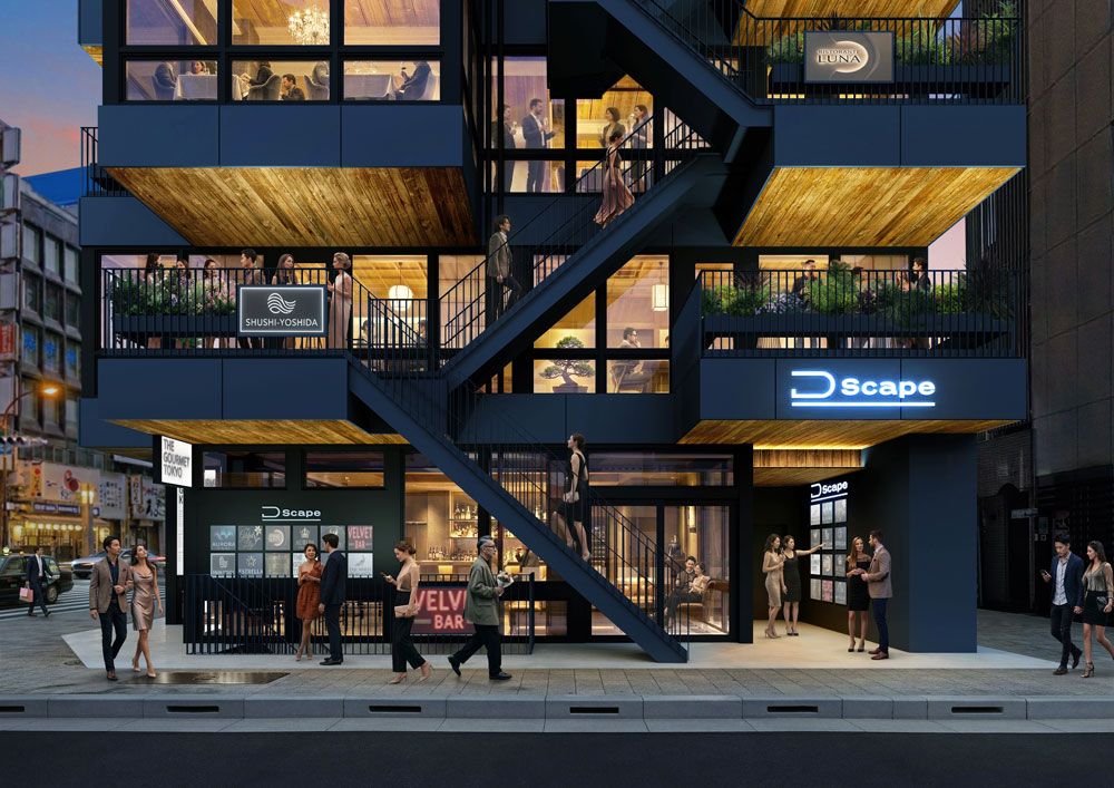 エントランスから上へと連続するアプローチ。目的の店舗へ向かう道中を、新たな発見を促す体験として設計。