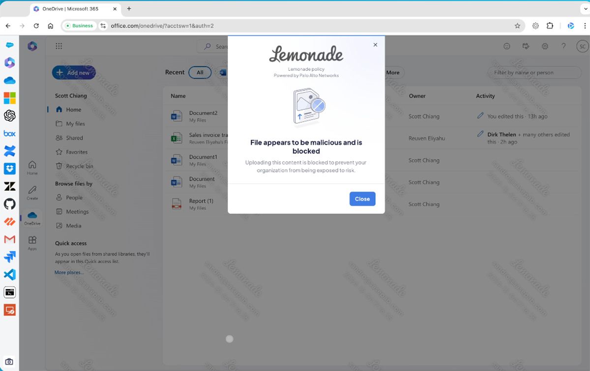 ユーザーが自身のPCにインストールしたPrisma Browserから、不正なプログラムを含む実行ファイルのアップロードを試みると、ブラウザがファイルを解析して未然にブロックする