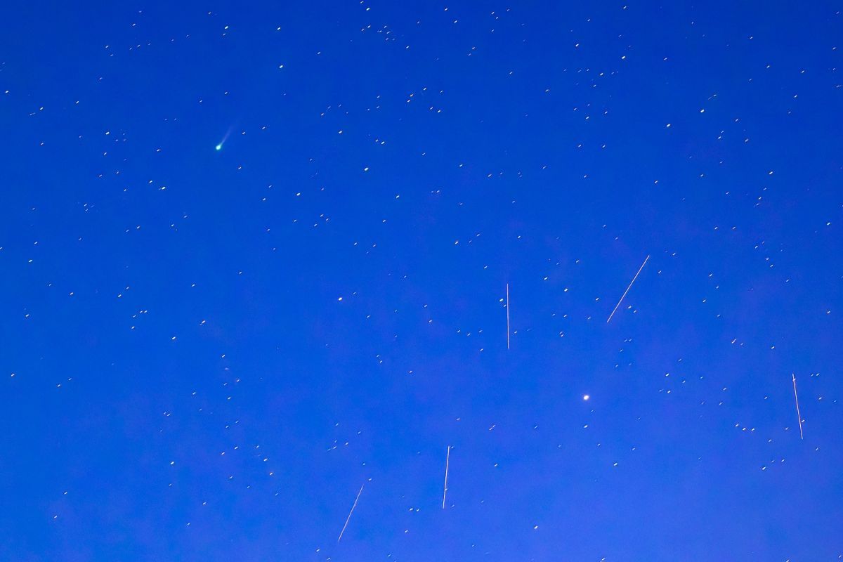 ドイツ・ブランデンブルク州レブスで2026年4月11日、早朝の空に輝くパンスターズ彗星「C/2025 R3（PanSTARRS）」（左上）と人工衛星の光跡（Patrick Pleul/picture alliance via Getty Images）