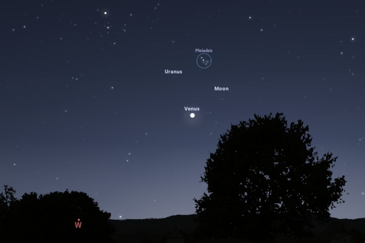 2026年4月19日、日の入り50分後（東京：午後7時7分）の西の空（Stellarium）