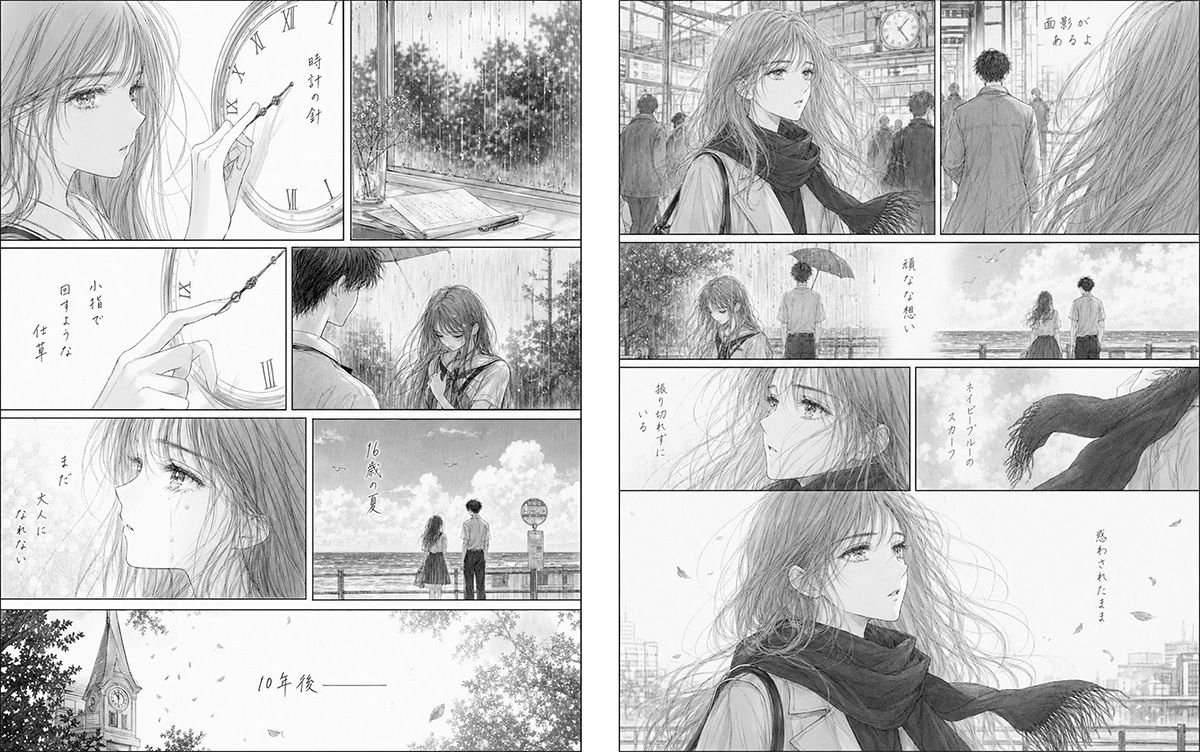 筆者が20代の頃に作った曲の歌詞からストーリー漫画を生成。画風、ネームの量、オチの雰囲気などをChatGPTに伝えると、雰囲気のある画像に仕上げてくれた