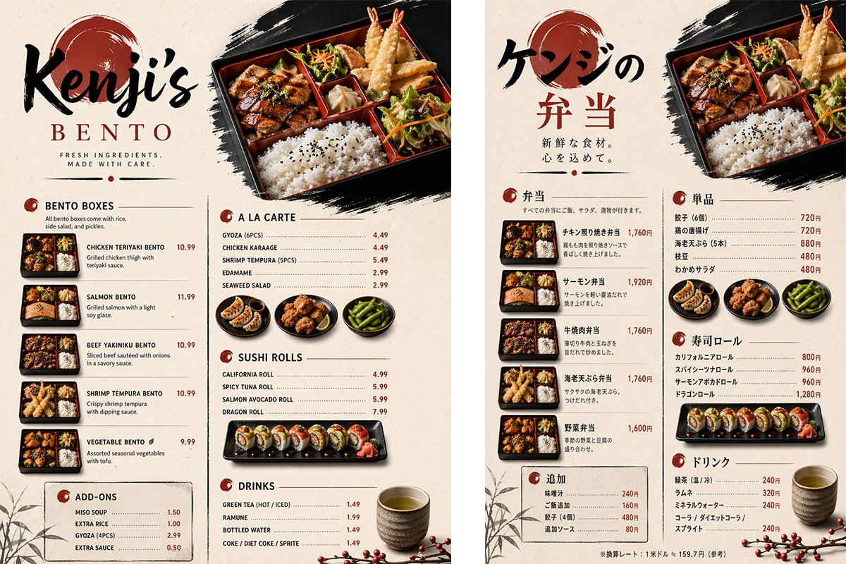 弁当屋のメニューを画像で生成。英語から日本語への翻訳も一見して違和感のない仕上がりだ。問題は縦書きに組み直すと、多少文字の違和感が出てくる