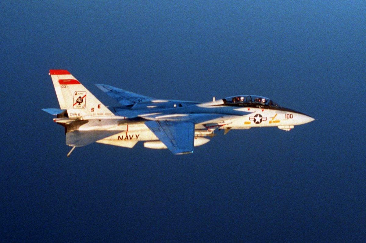 1991年2月15日、湾岸戦争の「砂漠の嵐作戦」で戦闘空中哨戒任務に就く米海軍・第41戦闘飛行隊（VF-41）「ブラックエイセス」所属のF-14A-140-GR戦闘機「トムキャット」。空母セオドア・ルーズベルト（CVN-71）を母艦とする第8空母航空団（CVW-8）に所属し、1990年12月28日から1991年6月28日までアラビア海に展開した（Lt. Parsons, U.S. Navy, Public domain, via Wikimedia Commons）