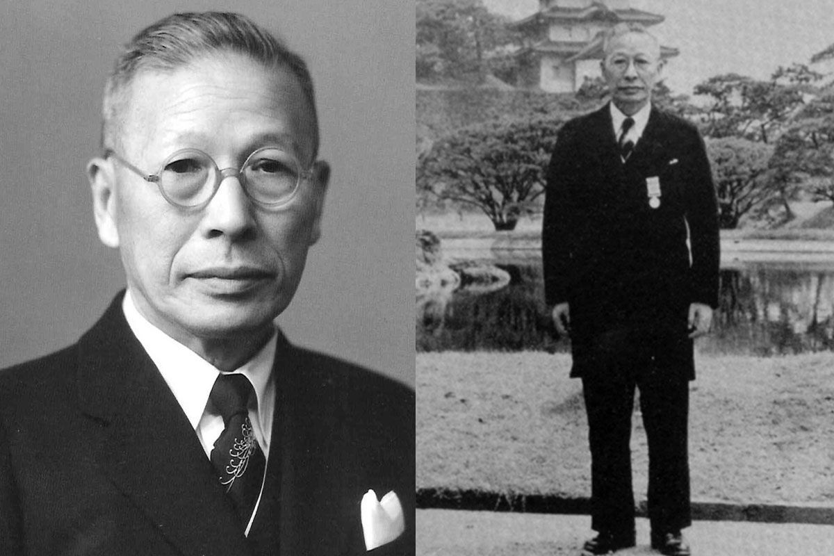 右写真は緑綬褒章を受章した際の二代小菅丹治（1952年）。受賞に際し「これは私個人の受章というよりも、むしろ伊勢丹としての受章である」と述べている。写真：『丹心　商いの夢を紡ぐ　伊勢丹二代小菅丹治の経営哲学』国書刊行会