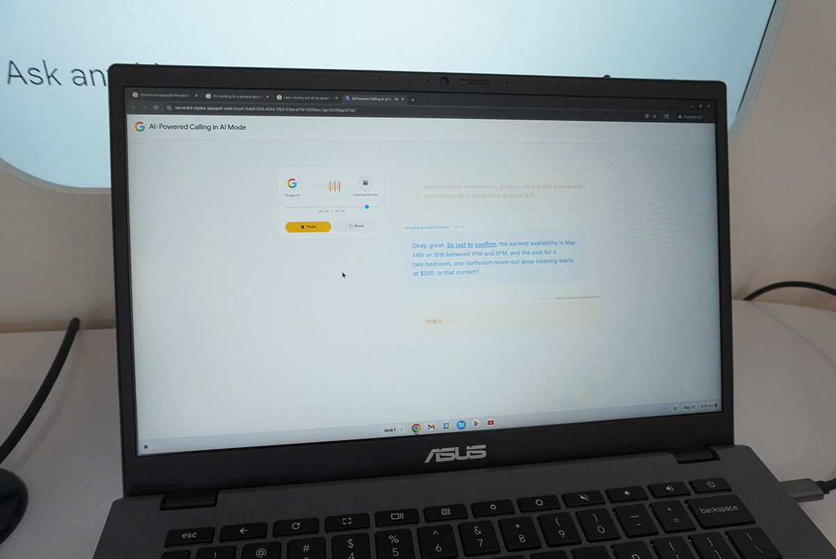 ブラウザ上からGeminiによる自動音声通話が可能。英語によるAI通話は既に検証を深めているためか、とてもスムーズに人間との会話に応答できていた