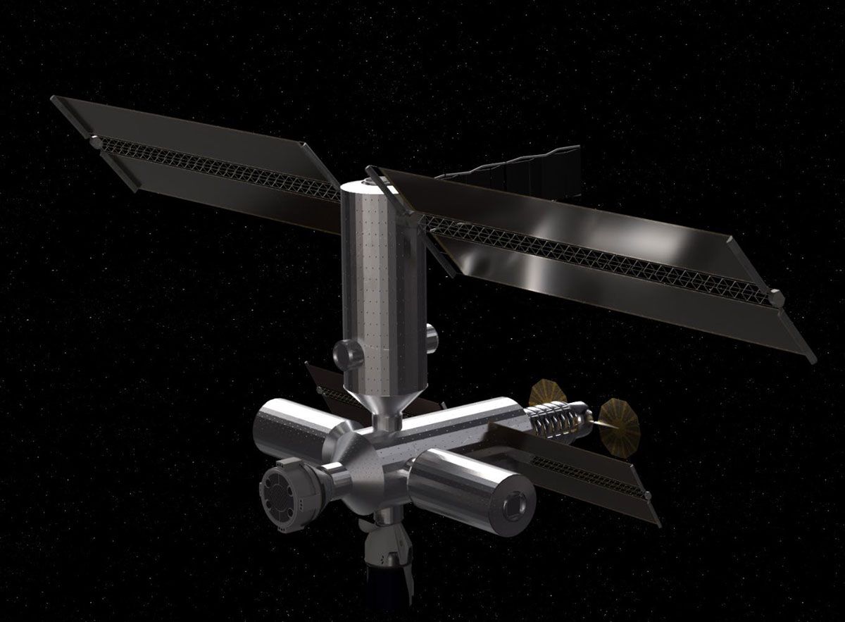 NASAが提示した新プラン。コアモジュールを中心として、その両サイドに民間モジュールを2基接続。上部には発電などを担うPCMが接続する (c)NASA