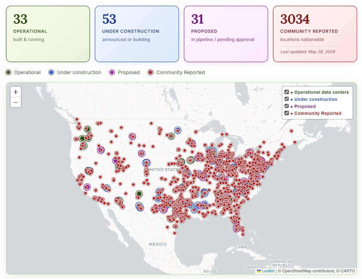 「Brockovich AI Data Center Reporting」より抜粋。地域社会がAIデータセンターの情報を追跡できるクラウドソーシング型のマッピングツール。稼働中・建設中・うわさ段階の施設について住民が記録可能（Forbes JAPAN）