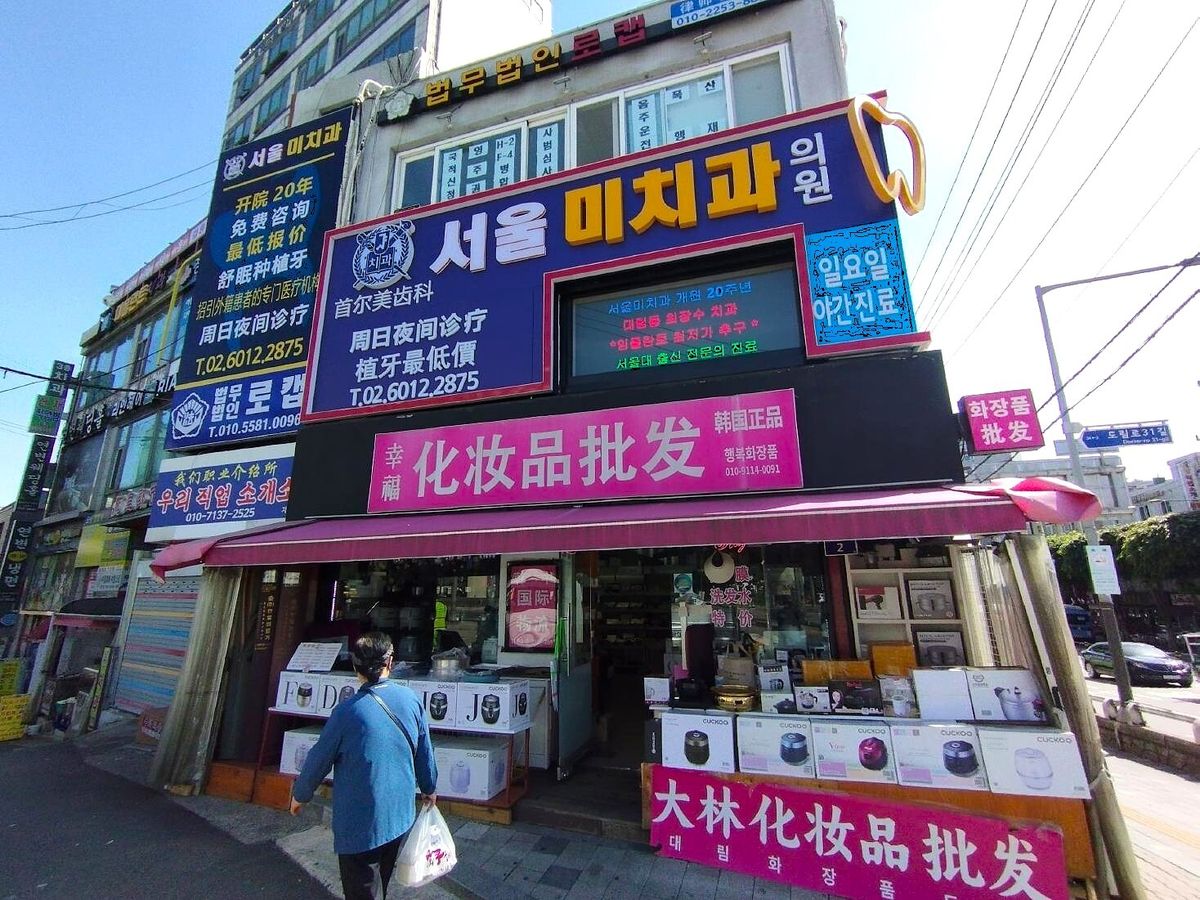 大林駅の高架通路を降りて最初に目に入るのが、中国語簡体字の「大林化妆品批发」の看板で、これは化粧品の卸売りの店
