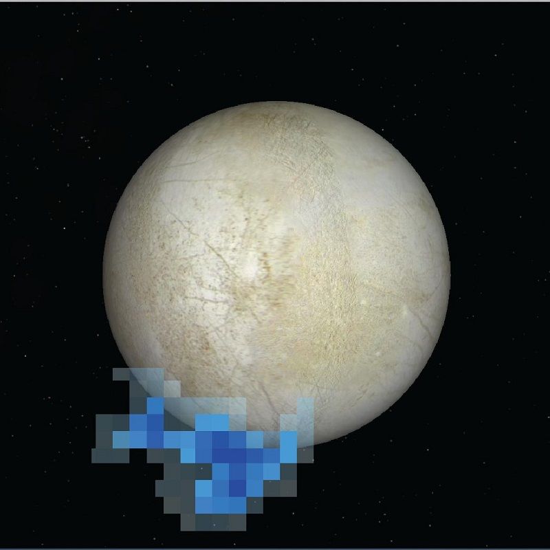 NASAのハッブル宇宙望遠鏡が2012年12月に観測した、木星の衛星エウロパの南極上空で検出された水蒸気の位置を示した図。エウロパ表面からの水蒸気噴出（プルーム）の存在を示す初の有力証拠とされた。ハッブルはプルームを直接撮像したのでなく、分光観測で水素と酸素の輝線を検出した（NASA/ESA/L. Roth/SWRI/University of Cologne）