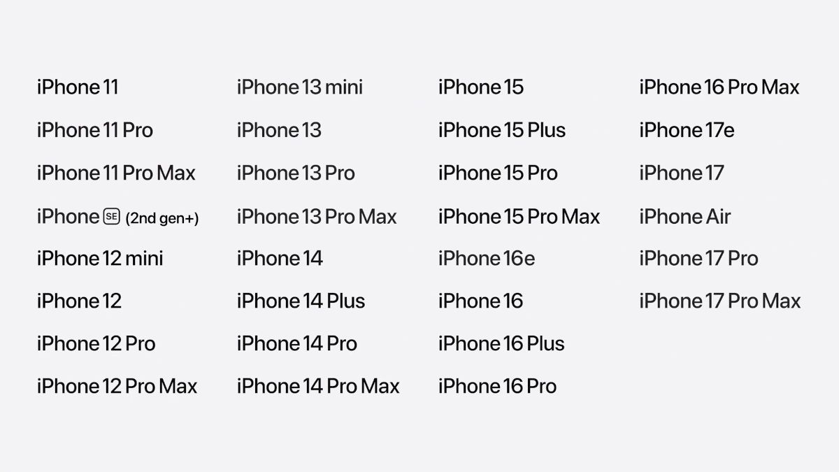 iOS 27に対応するiPhoneの一覧（WWDC26基調講演のスクリーンショット）