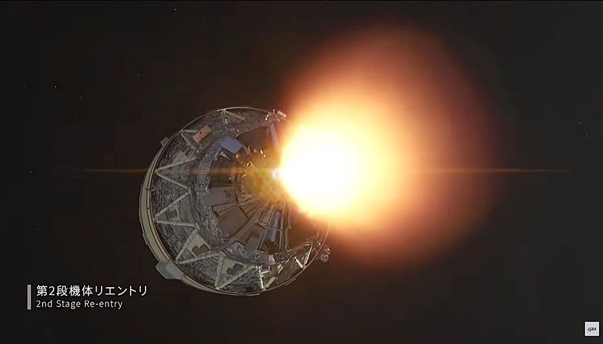 第2段が制御落下される際のイメージ図。エンジンを逆噴射する様子が描かれる （c）JAXA/YouTube Live Streaming
